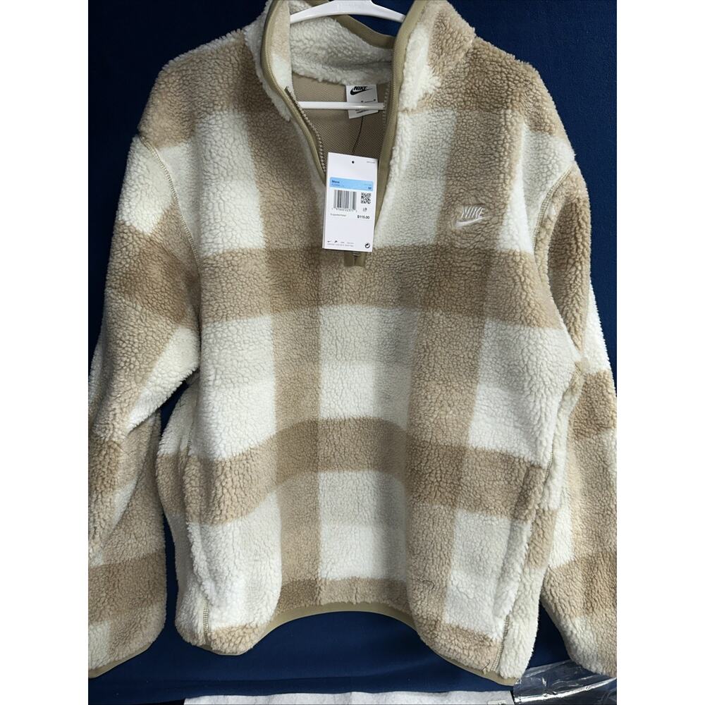 Nike Sportswear Club Fleece Men's Sherpa 1/2 Zip Pullover Tan White Medium $115